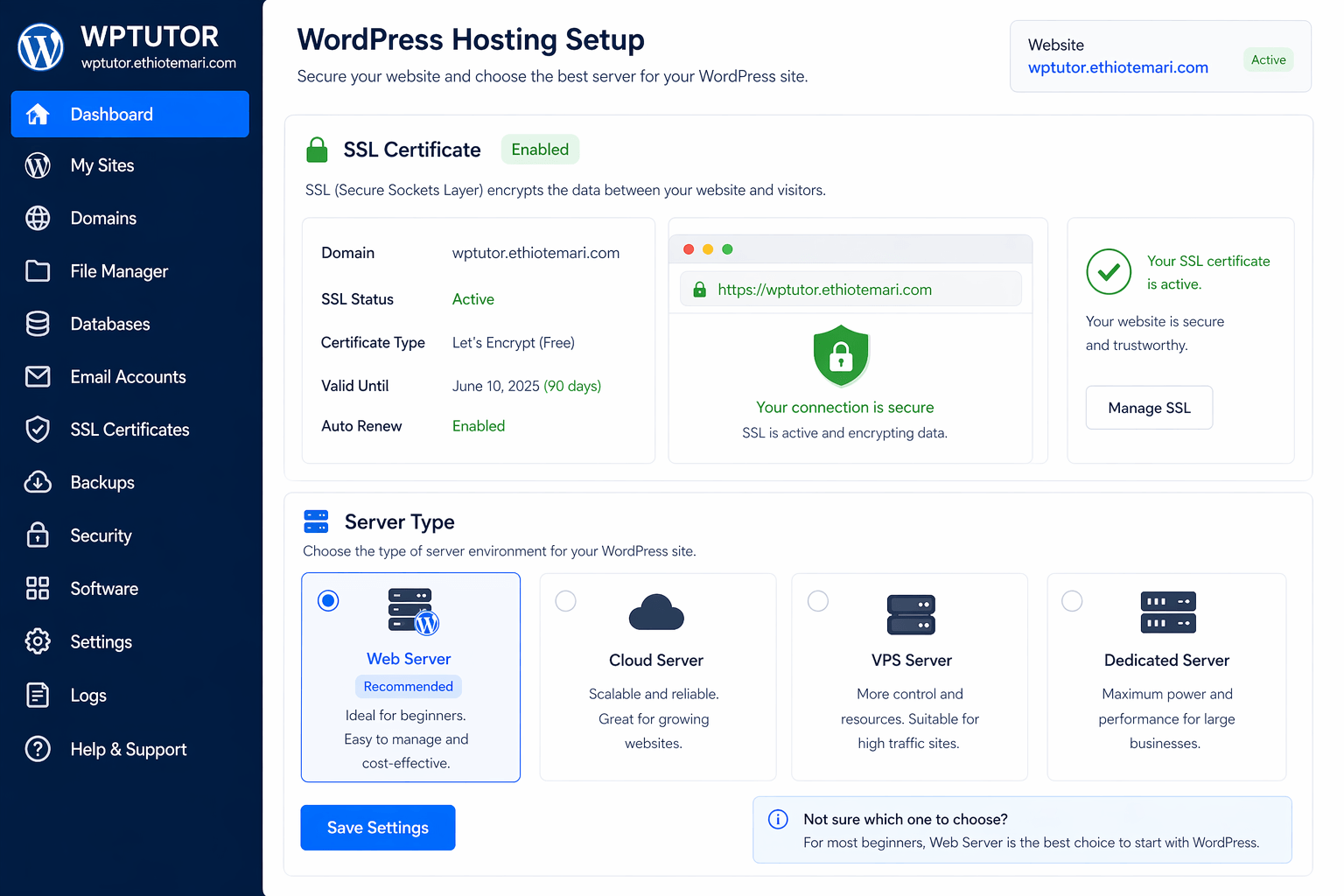 WordPress hosting setup showing SSL certificate enabled and server type selection for a WordPress tutorial for beginners