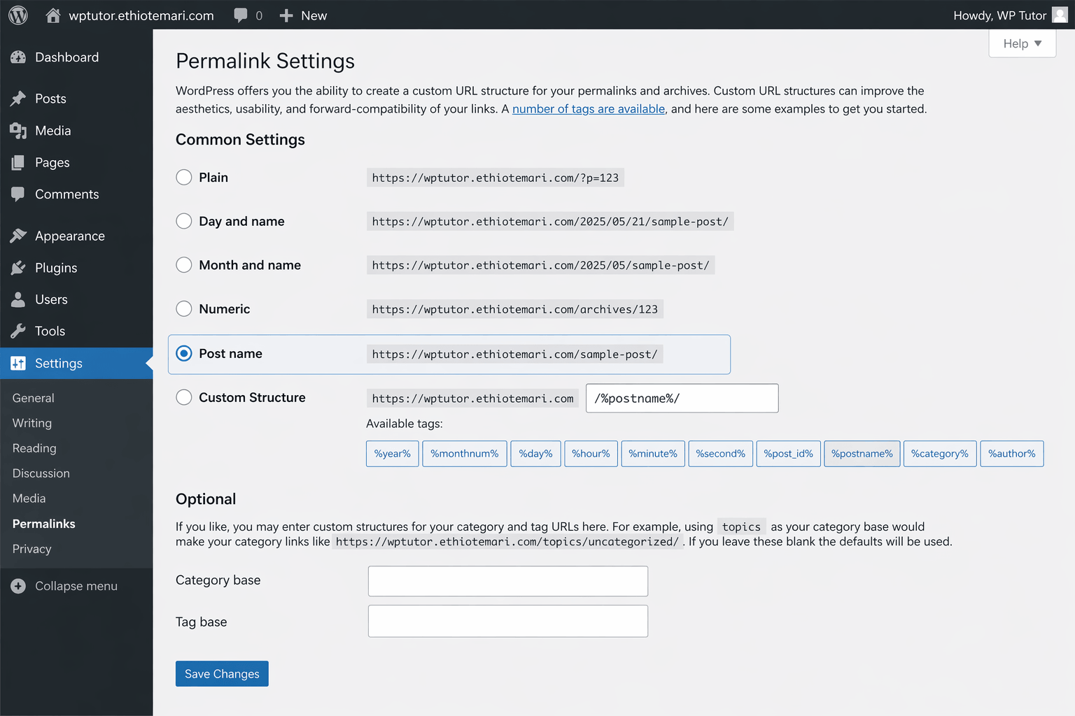WordPress permalink settings page showing the post name option selected for SEO friendly URLs in a WordPress tutorial for beginners